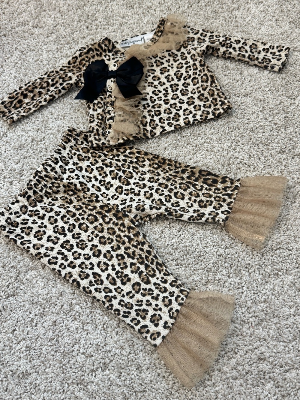 Vintage Leopard Print Kids Matching Set with Tulle Trim - Tan/Black